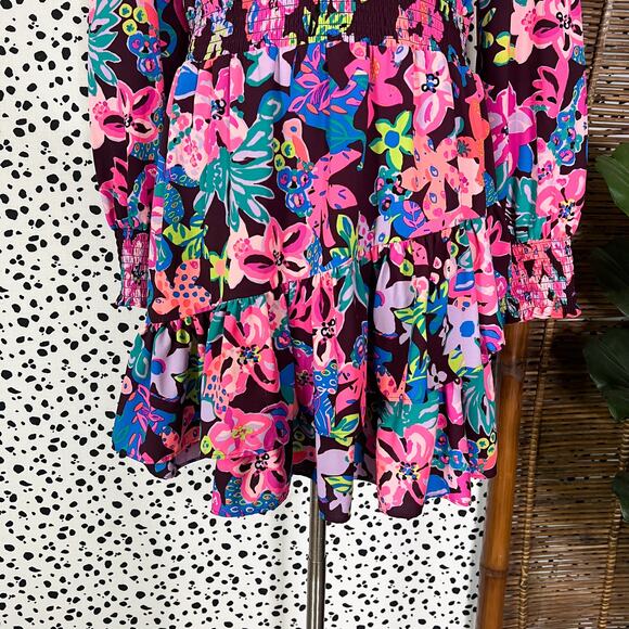 Lilly Pulitzer | Cristiana Pink Brown Floral Ruffle Plus Size Mini Dress 16 - Picture 5 of 11